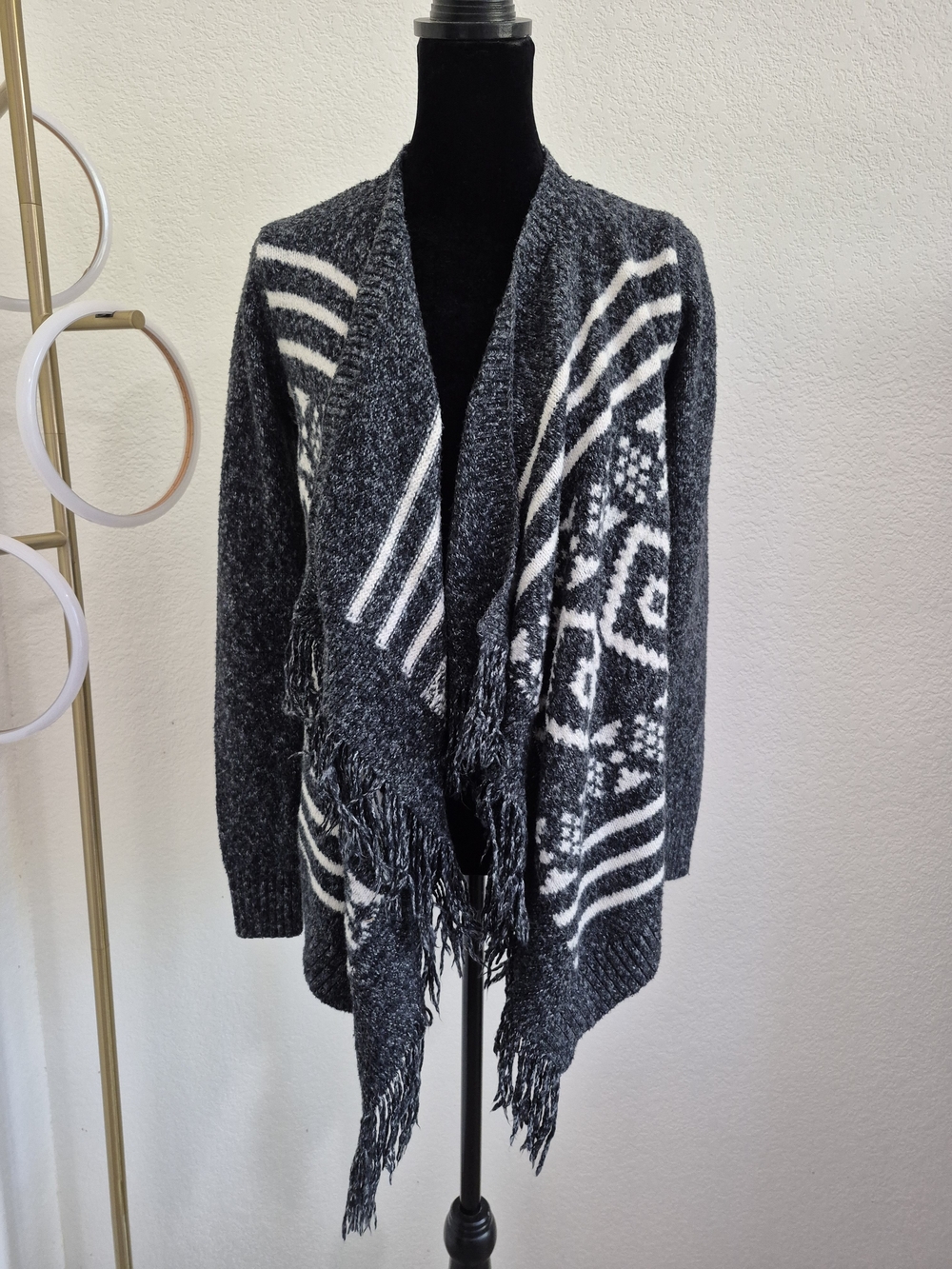 Hollister Charcoal & White Fringe Open-Front Cardigan